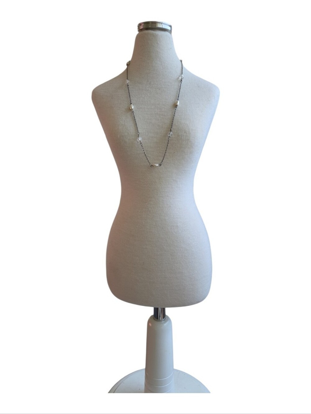 Vintage Silver Toned Pearl Clear Bead Necklace 18"